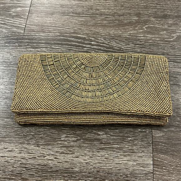 Moyna Gold Hand Beaded Art Deco Evening Clutch Foldover Wedding Party Purse Bag - Picture 9 of 11